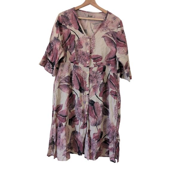FLAX Linen Hydrangea Floral Print Button-Down Midi Dress Oversized Size Small - Picture 1 of 11